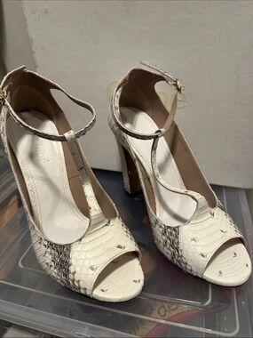 Chloe Ivory Snake-Embossed T-Strap Peep Toe Heels